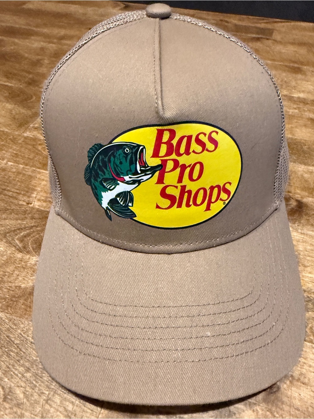 Bass Pro Shops Tan Trucker Hat with Yellow & Red Logo
